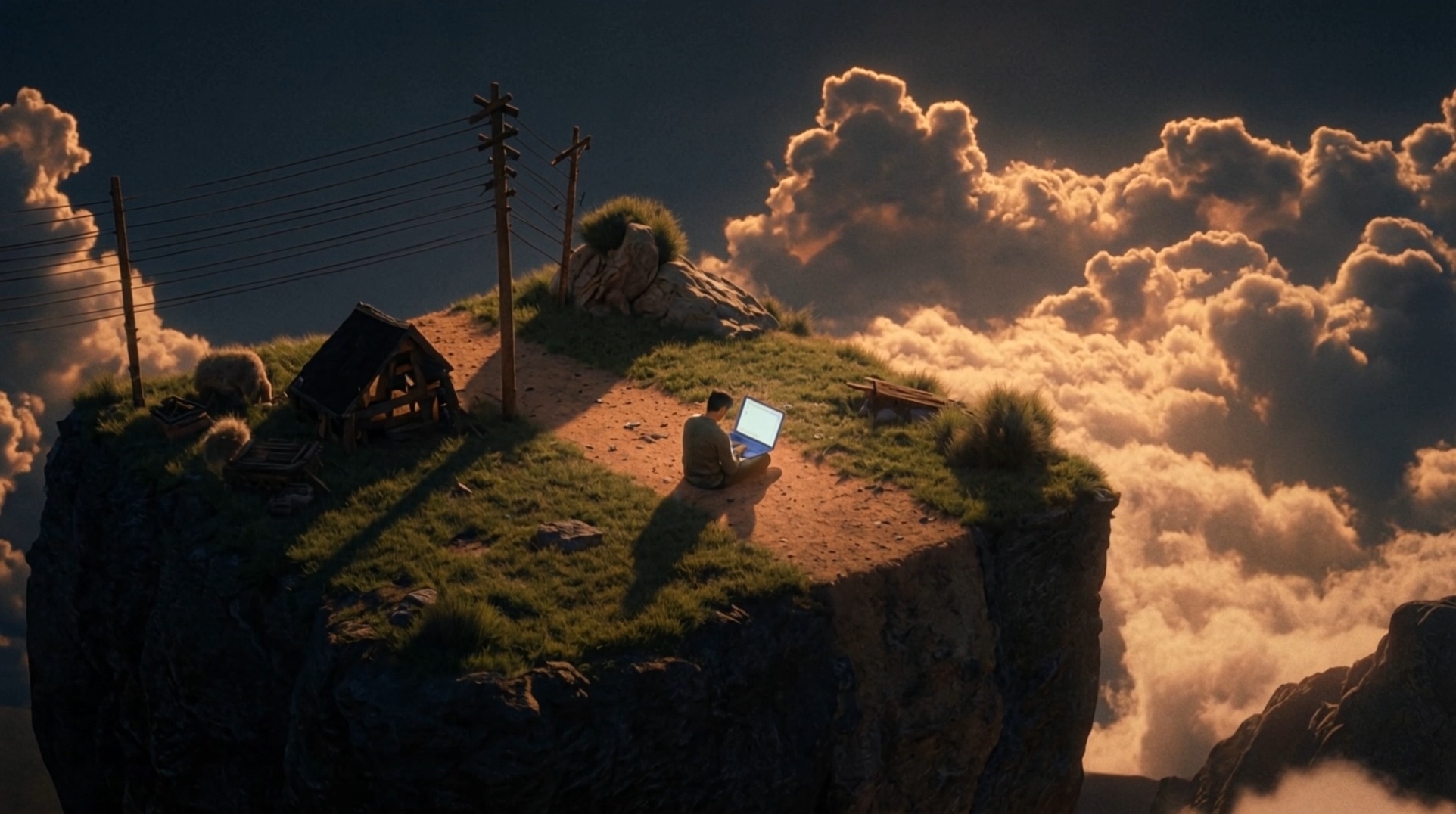 A lone figure working above a sea of clouds — Reasonix's AI-native way of working.
